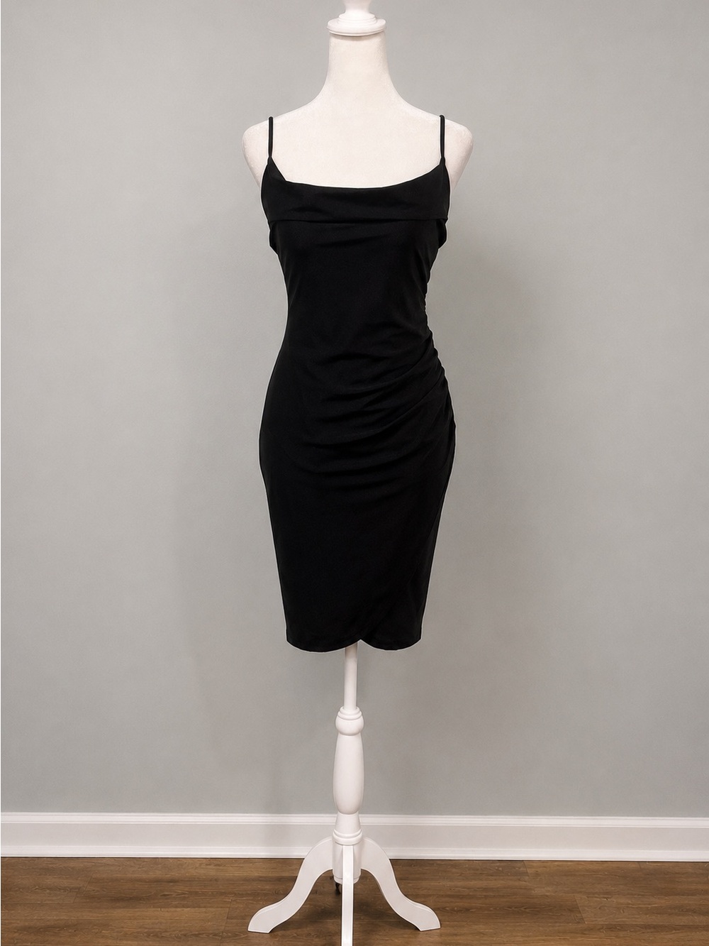 Windsor Black Ruched Bodycon Midi Dress Spaghetti Strap Side Slit Size S Chic